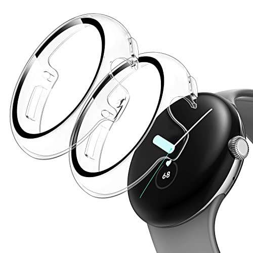 TAURI 2 Pack Hard Case Compatible for Pixel Watch 2 (2023)/ Pixel Watch with 9H Tempered Glass Screen Protector, [Touch Sensitive] [Full Coverage] Slim Bumper Protective Cover for Pixel Watch- 2 Clear