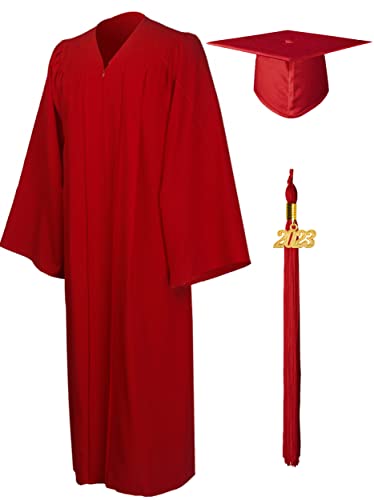 GraduationMall Matte Graduation Gown Cap Tassel Set 2023 for High School and Bachelor Red 48(5'3'-5'5')