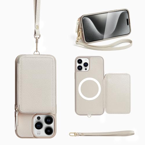 ZVE Wireless Wallet Case for iPhone 15 Pro Max, Zipper Leather RFID Cards Holder Slots Case with Magnetic Wireless Charging, Protective Cover for iPhone 15 Pro Max 6.7' (2023) - White