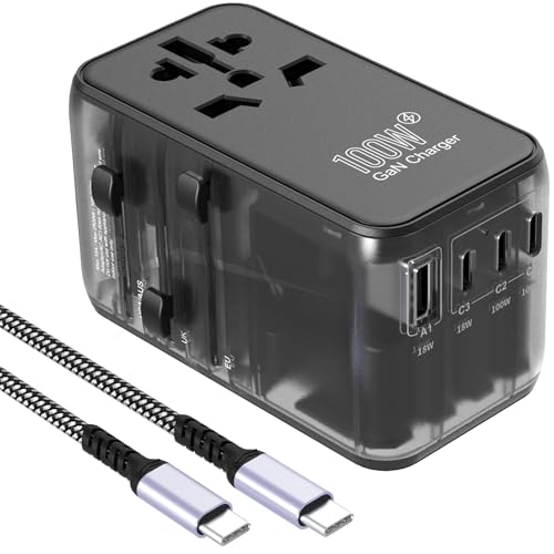 CHIPOFY Universal Travel Adapter, 100W International Plug Adapter, 3 USB C 1 USB A Ports, All-in-one Travel Charger Outlet Converter for Europe UK EU AUS (Type C/G/A/I)