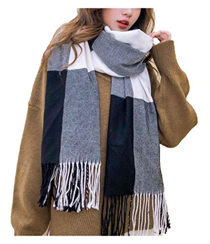 Wander Agio Women's Fashion Scarves Long Shawl Winter Thick Warm Knit Large Scarf Big Plaid Black 9
