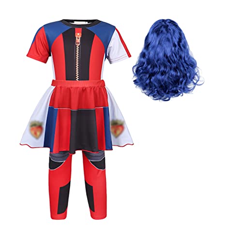 HenzWorld Evie Descendants Costume for Girls with Wig Princess Birthday Fancy Party dress up Clothes Role Play Pretend Outfit,Red 6-7 Years