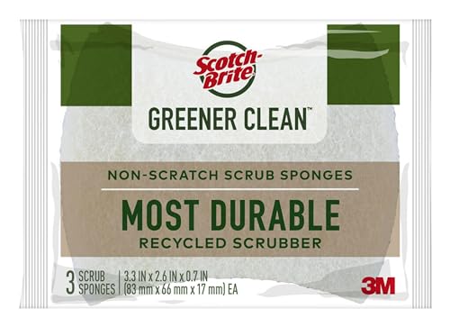 Scotch-Brite Greener Clean Non-Scratch Scrub Sponge, Sponge for Washing Dishes, Cleaning Kitchen, Superior Performance and Made with Sustainable Materials, Dishwasher Safe, 3 Scrub Sponges