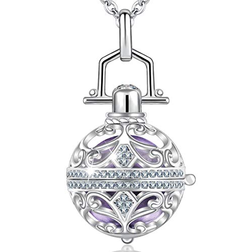 AEONSLOVE Harmony Ball Pregnancy Bola Necklace, Vintage Cubic Zirconia Harmony Ball Locket Angel Chime Caller Bell 18mm Mexican Bola Balls Pendant Necklaces for Women, 30'/45'' Chain(Lavender)