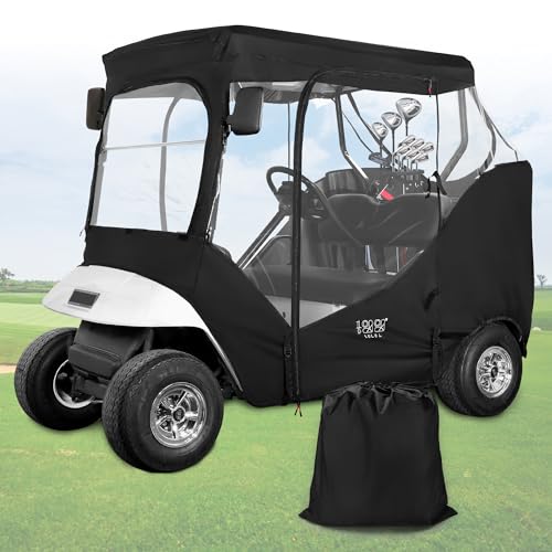10L0L Deluxe Golf Cart Enclosure for 2 Passengers EZGO TXT RXV with Side Mirror Openings, Waterproof Portable 4-Sided Transparent Windows Golf Buggy Driving Enclosure Cover Black - Roof up to 58' L