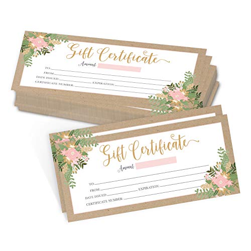 25 4x9 Rustic Floral Blank Gift Certificates for Business Gifts for Clients - Gift Cards for Small Business Gift Certificates Christmas, Restaurant Gift Certificates for Spa Salon Gift Certificates