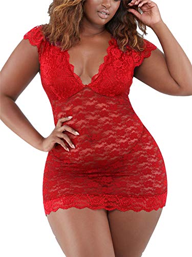 Women's Plus Size Chemise Floral Lace Lingerie Sexy Bodysuit Mesh Babydoll Sleepwear (R007,Red2, XXXX-Large)