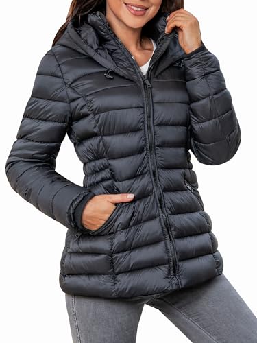 CRISSREXO Women's Quilted Lightweight Puffer Jacket Zip Up Winter Warm Long-Sleeve Hooded Short Padded Coat with Pockets (US, Alpha, Large, Regular, Regular, Black)