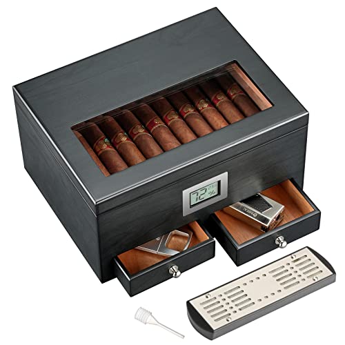 FANKAI Cigar Humidors with 2 Drawers,Cigar Accessories with Humidifier,Humidor Cigar Box Solid Cedar Wood,Cigar Gifts for Men,Glass Top Humidor,Cigar Case Fit 25-50 Cigars,Desktop Cigar Box