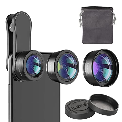 Phone Camera Lens 3-in-1 Kit :120° Supe Wide Angle +198° fisheye Lens+ 20x Macro Lens for iPhone Samsung Android，HD Phone Lens Kit，Black