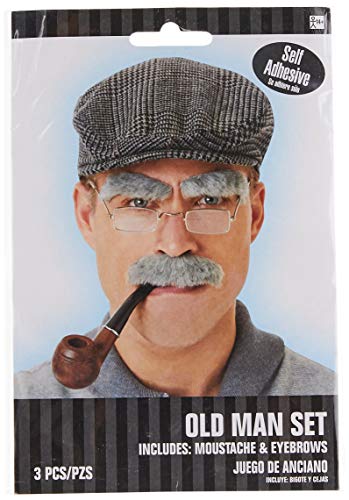 Gray Old Man Moustache & Eyebrows - 1 Set, Fits Most Teens and Adults - Perfect for Wacky Parties & Stage Performances