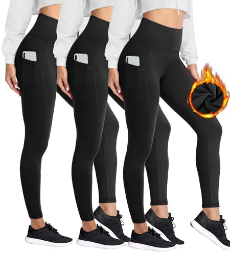 HIGHDAYS 3 Pack Fleece Lined Leggings for Women with Pockets - High Waist Winter Thermal Warm Women's Workout Running Yoga Pants, Black/Black/Black, Plus Size