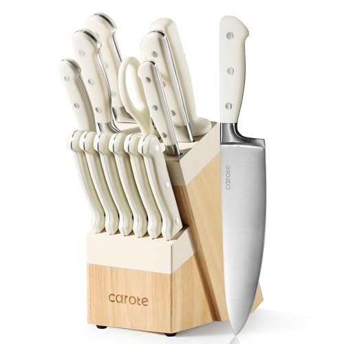 CAROTE 14 Pieces Knife Set with Hardwood Storage Block, Kitchen Knife Set with Block, Sharp Blade Ergonomic Handle, Knife Block Set Dishwasher Safe, Cream