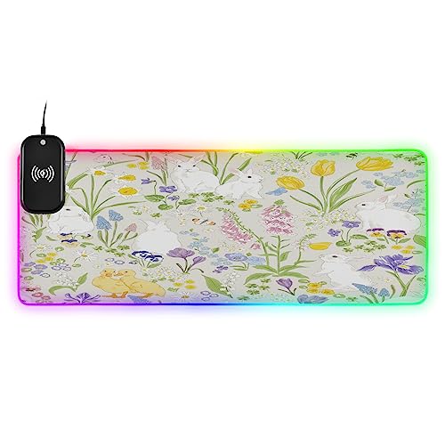 Cute Bunny and Floral Gaming Mouse Pad Led Mousepads RGB Backlit with 14 Lighting Modes, Non Slip Base Soft Computer Keyboard Mat for Gaming PC Laptop Desk, S