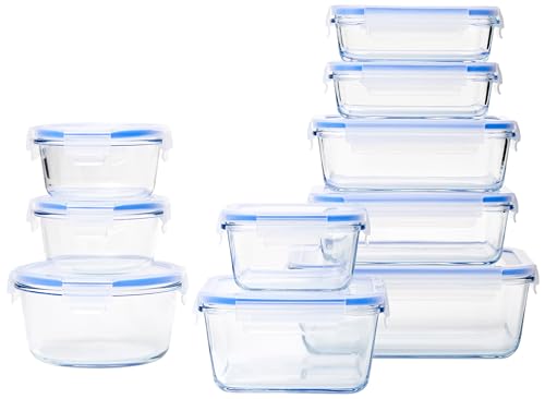 Amazon Basics 20-Piece Glass Food Storage Containers, 10 Count of Bases and Plastic Lids, Transparent, Blue