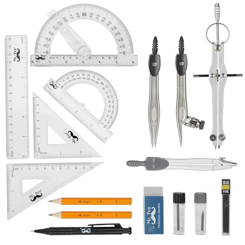 Mr. Pen Geometry Set with 6 Inch Swing Arm Protractor, Divider, Set Squares, Ruler, Compasses and Protractor, 15 Piece Set