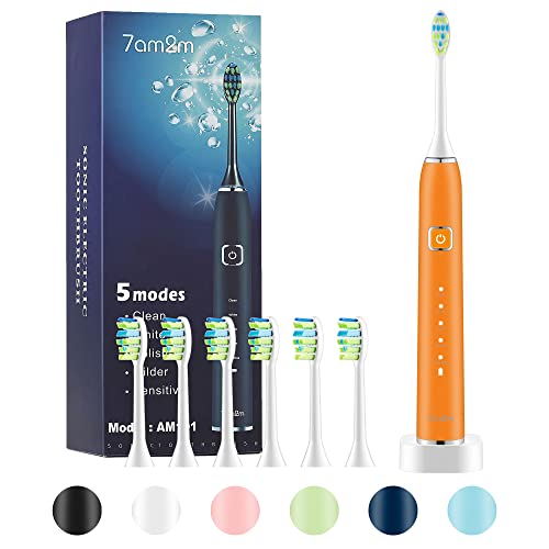 7AM2M Sonic Electric Toothbrush with 6 Brush Heads for Adults and Kids, One Charge for 90 Days, Wireless Fast Charge, 5 Modes with 2 Minutes Built in Smart Timer, Electric Toothbrushes(Orange)
