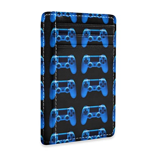 Video Game Joystick Gamepad in Blue Neon Lights Isolated on Black Slim Minimalist Wallet, Front Pocket RFID Leather Blocking Card Holder Case for Men Women Girls Ladies, Stylish Printing Gift