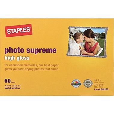 Staples Photo Supreme Paper, High Gloss, 4x6 inches, 60 Sheets