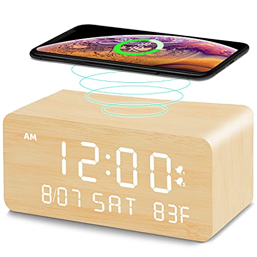 Andoolex Wooden Digital Alarm Clock with Wireless Charging, 0-100% Adjustable Brightness Dimmer and Alarm Volume, Weekday/Weekend Mode, Dual Alarm, Snooze, 12/24H, Wood LED Clock for Bedroom (Bamboo)