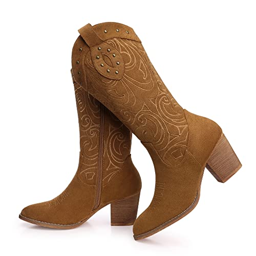 SHIBEVER Cowboy Cowgirl Boots for Women: Cowboy Western Wide Calf Boots Brown Fashion Classic Embroidery Boots Pull On Ladies Summer Fall Size 8.5