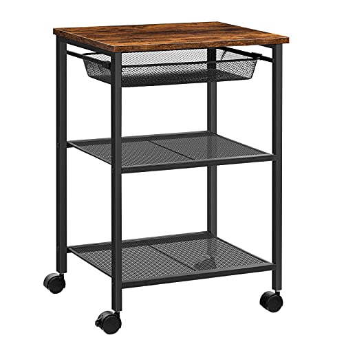 HOOBRO Printer Stand, 3-Tier Printer Cart with Adjustable Mesh Drawer, Heavy Duty Storage Rack Printer Table on Wheels,for Home Office, Rustic Brown and Black BF23PS01