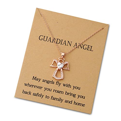 WUSUANED Guardian Angel Necklace Zircon Heart Angel Jewelry Angel of Protection Gift With Wish Card (Guardian angel necklace rose gold)