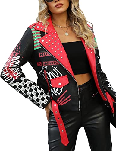 Bellivera Faux Leather Jacket for Women Studded Rivet Floral Motorcycle Biker Coat 0479 Red M