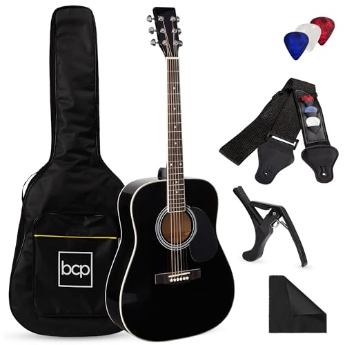 Best Choice Products 41in Full Size Beginner All Wood Acoustic Guitar Starter Set w/Case, Strap, Capo, Strings, Picks - Black