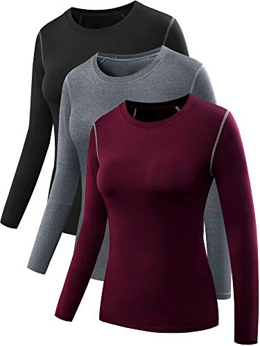 NELEUS Women's 3 Pack Dry Fit Athletic Compression Long Sleeve T Shirt,8019,Black/Grey/Burgundy,US M,EU L