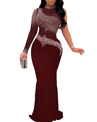 PORRCEY Women's Sexy Hot Drilling Craft Dress Long Sleeve Bodycon Party Club Night Out Dress(K2225,Red,M)