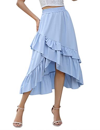 KOJOOIN Women's High Waisted Pleated Skirt High Low Irregular Ruffled Hem Casual Midi Skirts Blue S