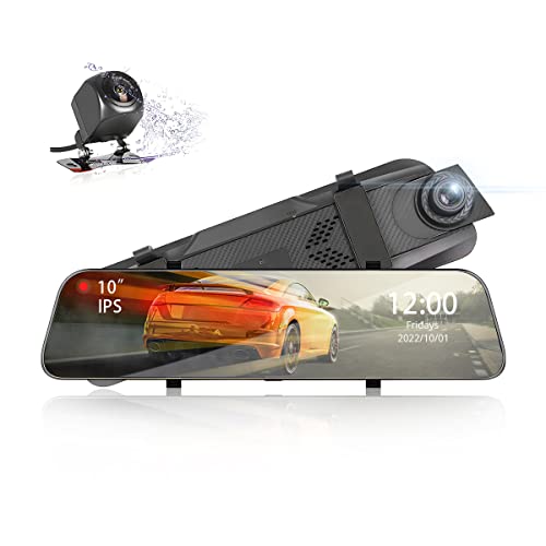 Mirror Dash Cam Backup Camera, 10' Full Touch Screen Video Recording System for Cars, 1080P Front and Rear View Dual Cameras, Night Vision GPS Reverse Parking Monitor with Loop Recording