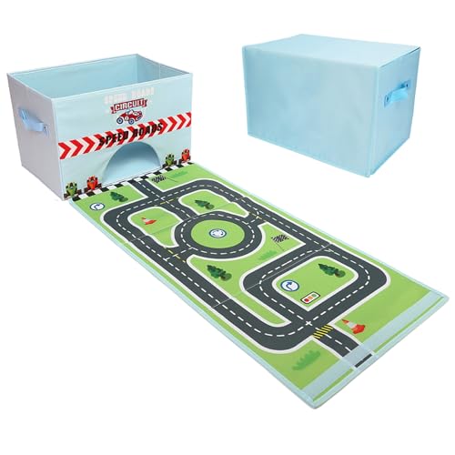 Livememory Toy Cars Storage Box - Car Toys Box with Speed Roads, 2 in 1 Collapsible Toy Car Storage (Not Included Cars)-Sky Blue