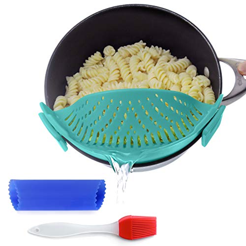 Clip-On Kitchen Food Strainer for Spaghetti, Meat, Pasta, & Ground Beef Grease, Colander & Sieve Snaps or Clip On Bowls, Pots & Pans. Includes Silicone Strainer Drainer, Brush & Garlic Peeler (Aqua)