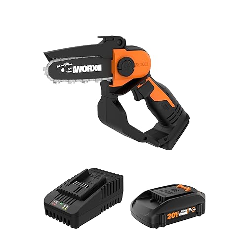 Worx 20V 5' Mini Chainsaw Cordless 3.9 lbs., Electric Chainsaw 22 ft/s Chain Speed, Power Share Battery Chainsaw, Pruning Saw with Upper Safety Guard & Hand Guard WG324 – Battery & Charger Included