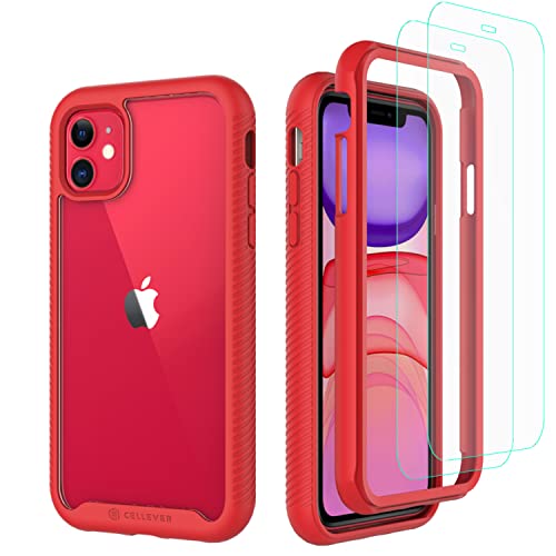 CellEver Clear Full Body Case for iPhone 11, Heavy Duty Protection with Anti-Slip TPU Bumper and [2 Tempered 9H Glass Screen Protectors] Shockproof Transparent Phone Cover 6.1 Inch (Red)