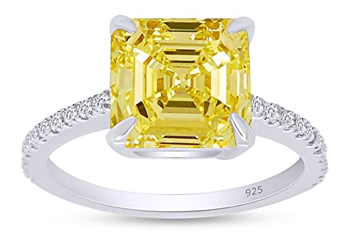 Jewel Zone US Asscher Cut Canary Yellow White Cubic Zirconia Ring in 14k White Gold Over Sterling Silver