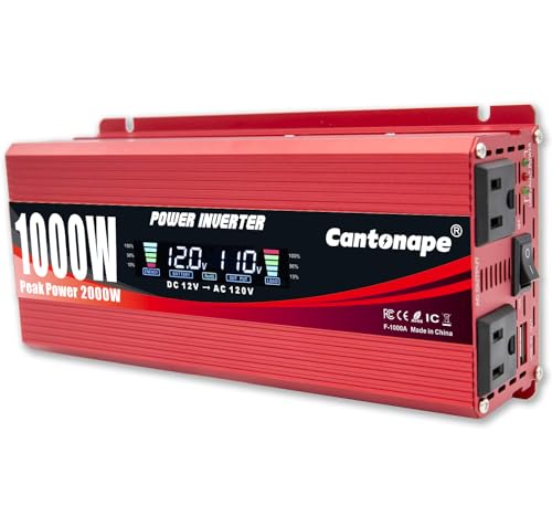 Cantonape 1000W/2000W(Peak) Car Power Inverter DC 12V to 110V AC Converter with LCD Display Dual AC Outlets and Dual USB Car Charger for Car Home Laptop Truck Red