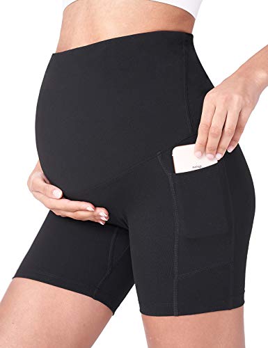 POSHDIVAH Women's Maternity Yoga Shorts Over The Belly Bump Summer Workout Running Active Short Pants with Pockets Black 5' Medium