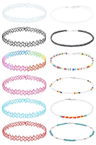 BodyJ4You 12PC Tattoo Choker Necklace Set - 90s Accessories Women Teen Girls Kids - Vibrant Multicolor Bohemian Hippy Beads Stretchy Jewelry - Summer Style Gift Idea