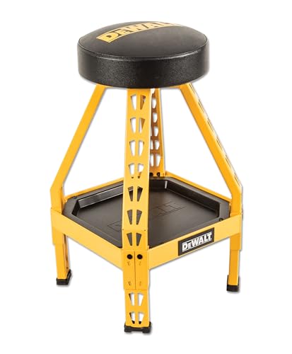 DEWALT Heavy-Duty Metal Stool for Garage and Shop, 360 Swivel Seat, Storage Tray, Padded Rip-Resistant Seat, Steel Frame, Industrial Powder Coating