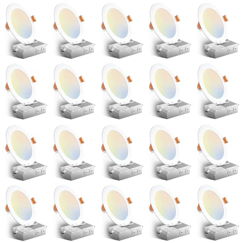 Amico 20 Pack 6 Inch 5CCT Ultra-Thin LED Recessed Ceiling Light with Junction Box, 2700K/3000K/3500K/4000K/5000K Selectable, 12W Eqv 110W, Dimmable Can-Killer Downlight, 1050LM Wafer Lighting - ETL