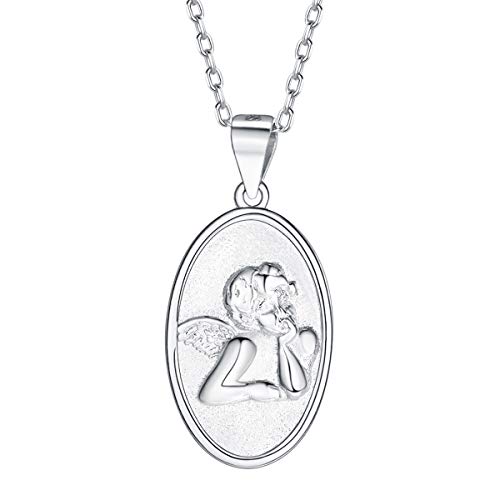 Silver Oval Pendant Necklace, 925 Sterling Silver Dainty Raphael Guardian Angel Necklace Antiqued Patron Saint Medal Coin Necklace St Religious Jewelry for Women Men