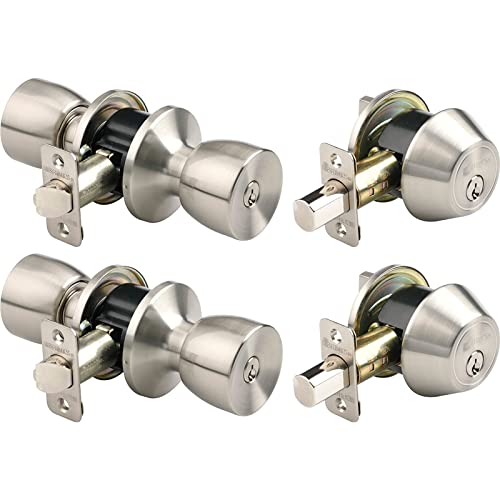 BRINKS - Bell Style Keyed Entry Door Knob and Single Cylinder Deadbolt Set, 2-Pack - Keyed Alike, Satin Nickel