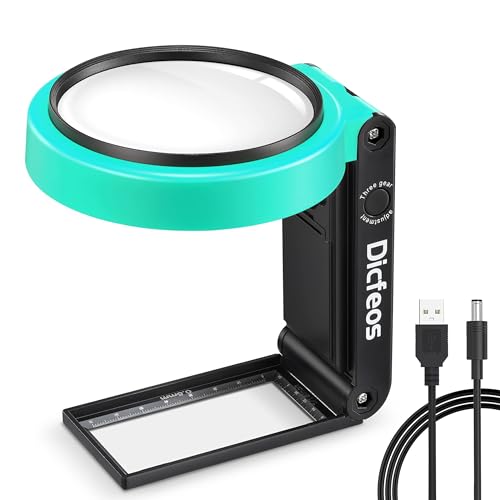 Dicfeos 30X 40X Magnifying Glass with Light and Stand, Folding Design 18 LED Illuminated Magnifying Glass for Close Work, Large Magnifying Glasses for Reading, Powered by Battery or USB(Green)