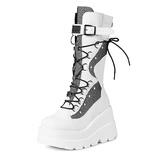 Tscoyuki Women's Platform Mid Calf Boots, Chunky High Heel Wedge Boots Goth Zip & Lace Up Combat Round Toe Motorcycle Boots