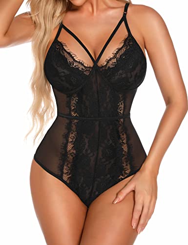 Aranmei Lingerie for Women Sexy Eyelash Lace bodysuit Snap Crotch Teddy Lingerie Black