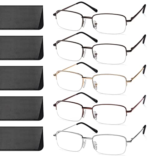 NOVIVON 5 Pack Reading Glasses for Men, Metal Blue Light Blocking Readers with Spring Hinges, Anti Eye Strain Eyeglasses (Gunmetal*2, Gold, Silver, Brown, 1.5)