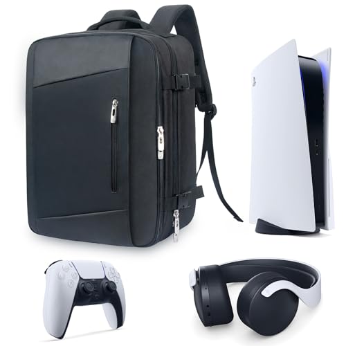 Hap Tim Travel Backpack for PS5 Console, Padded Protection PlayStation 5 Carrying Case, Large Capacity for Laptop, PS5 Controller, Headset, Game Discs and Accessories, Black （P-2306）